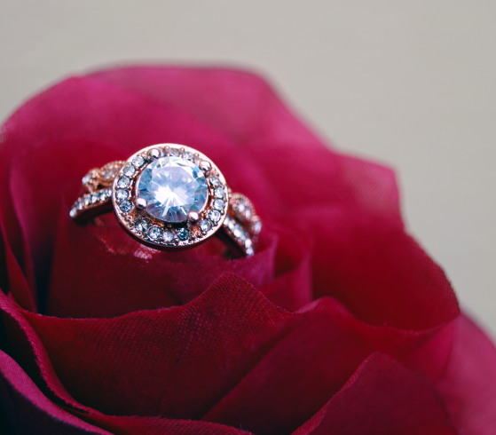 Engagement Ring on velvet rose